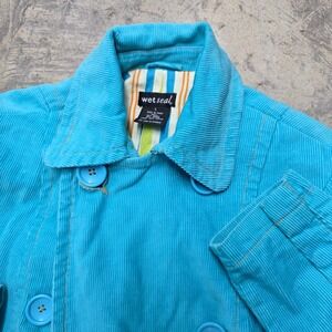 Wet Seal Teal Corduroy Double Breasted Blazer Jacket Womens Large Striped Lining